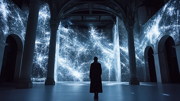 Non-representational projected light structure interacting with walls and floor.